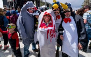 Fans wear penguin and shark costumes at the Springtopia Concert at Winter Park Resort