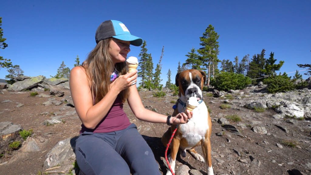 Ice cream for people and a pup at the top of the mountain.
